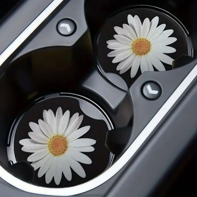 Daisy Pattern Car Coasters, 1 Pair Waterproof Non-slip Car Cup Mat, Car Interior Decoration Accessories, Car Decor Supplies, Car Trinkets, Car Interior Accessory, Car Interior Decorative, Aesthetic Car Accessory