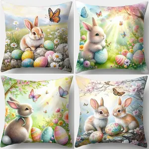 Easter Rabbit & Butterfly Pattern Cushion Cover, Square Throw Pillow Cover, Household Decoration Supplies for Home Living Room Bedroom