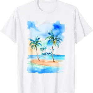 Palm Trees Tropical Beach Watercolor-Style Seascape T-Shirt Crewneck Menswear Top Black Breathable Tee