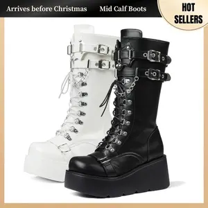 Women Gothic Knee High Boots Wedge Platform Mid Calf Round Toe Side Zip Boots Lace Up Punk Style Boots Comfortable Tall Punk Combat Boots