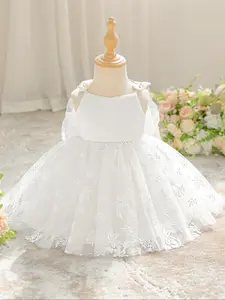 Toddler Girl's Plain Floral Embroidery Bow Decor Tulle Dress, Elegant Sleeveless A Line Dress for Party Wedding Guest, Kids Clothes for All Seasons