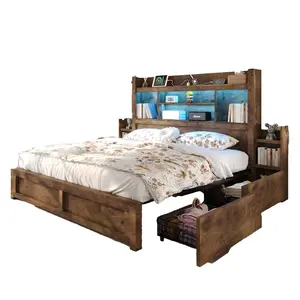 [MothersDayGift]【Ships in 2 Boxes】AMERLIFE Bed Frame with 49.6" Bookcase Headboard & 2 Bedside Stoage Racks & 4 Drawers, Farmhouse Wood Bed Frame with RGB LED & Charging Station, No Box Spring Needed