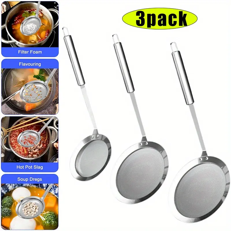 3-Piece Stainless Steel Fine Mesh Skimmer Set - Heat Resistant Cooking Utensils with Ergonomic Long Handle, Hanging Hook, Spoon for Deep Fried & Home Kitchen Use, Sturdy Durable Kitchen Accessories