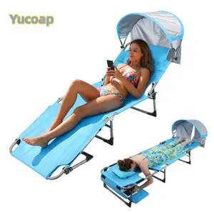 YUCOAP  Folding Tanning Chair with Canopy Shade, Portable Adjustable 5-Position Patio Chaise Lounge with Pillow Storage Pocket for Lay Flat Outdoor Lawn Backyard Beach Camping Pool