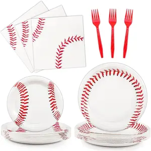 96 Pcs Baseball Party Decorations, Baseball Party Supplies Bundle Include Baseball Plates, Napkins, Forks, Baseball Birthday Party Decorations Serves 24