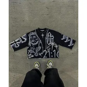 Retro Tie Dye Cross T Shirts Gothic Hip Hop Graphic Full Print Cropped Top for Men Oversized Loose Three Quarter Sleeve Tees