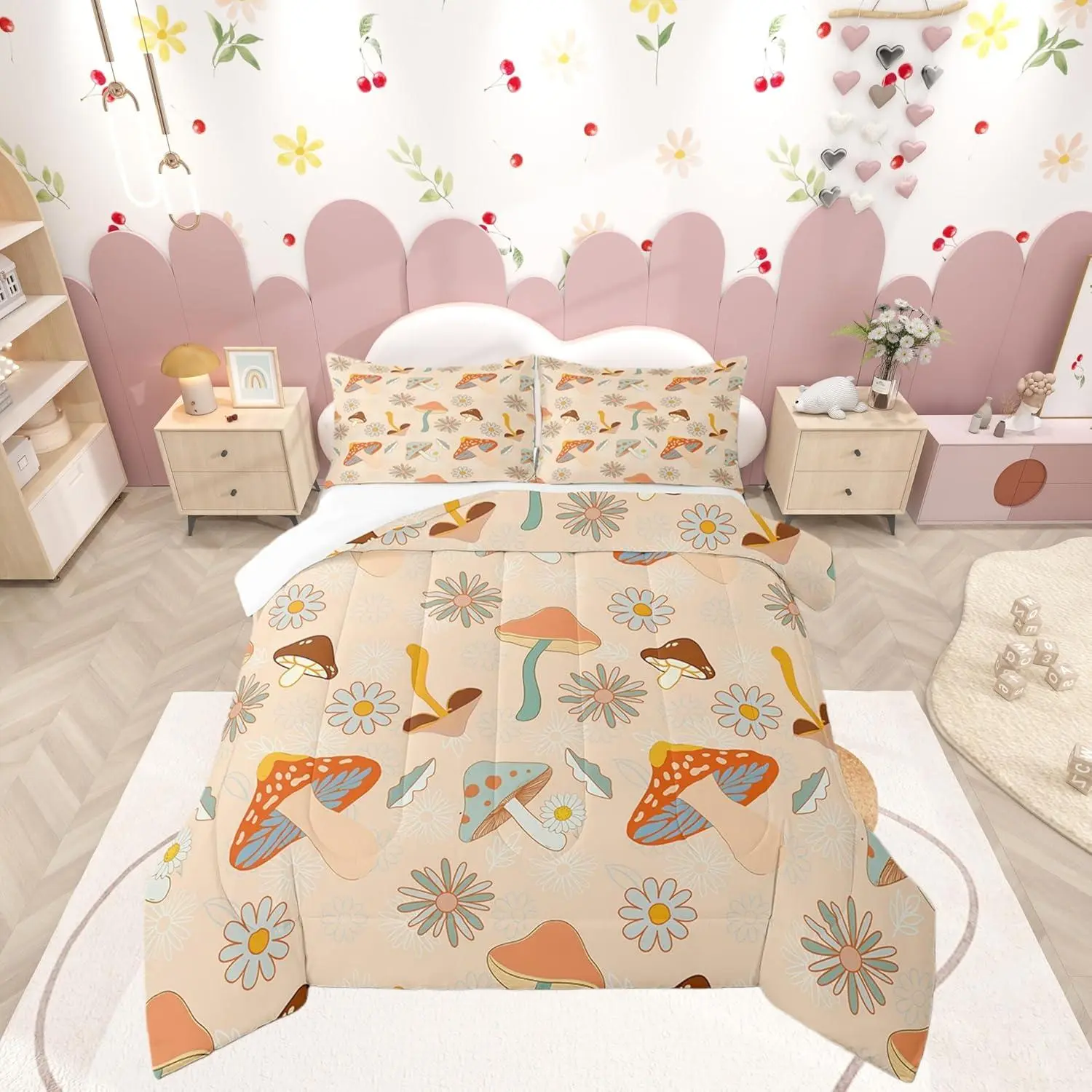 60s 70s Retro Mushroom Comforter Set,Groovy Flowers Floral Duvet Set for Kids BoysBoho Art Soft Microfiber Bedding Comforters