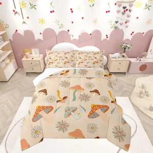 60s 70s Retro Mushroom Comforter Set,Groovy Flowers Floral Duvet Set for Kids BoysBoho Art Soft Microfiber Bedding Comforters
