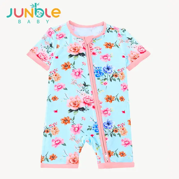 JUNBLEBABY Baby Girls' Soft Bamboo Jumpsuit, Floral Print Short Sleeve Toddler Clothing with 2-Way Zipper, 3-24 Months, Two Way Zipper Onesies, Baby Girls Clothing