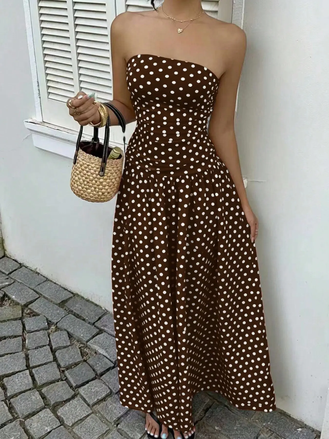 Caramel Polka Dot Halter Long Dress, Cinched Waist Slimming A-Line Dress, Elegant Evening Gown, Dresses For Party, Perfect for Special Occasions, Elegance, Womenswear