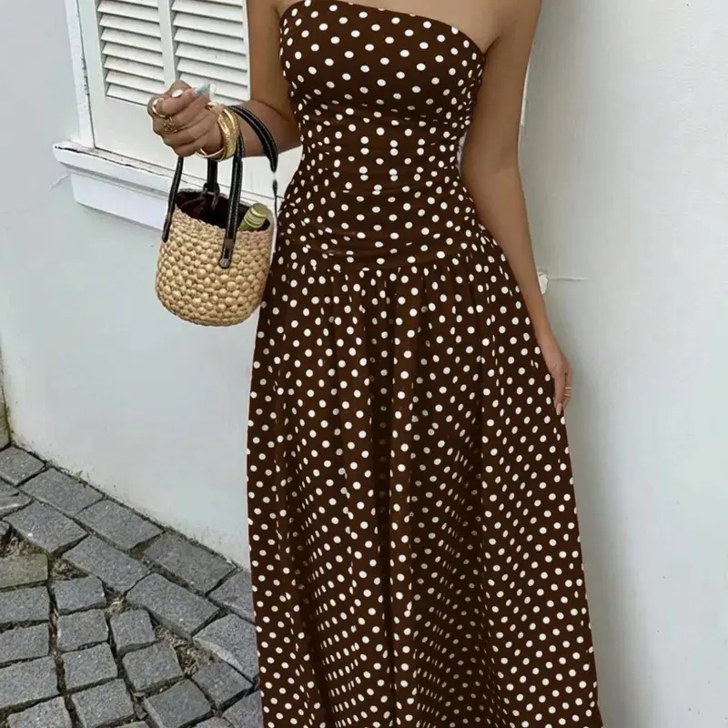 Caramel Polka Dot Halter Long Dress, Cinched Waist Slimming A-Line Dress, Elegant Evening Gown, Dresses For Party, Perfect for Special Occasions, Elegance, Womenswear