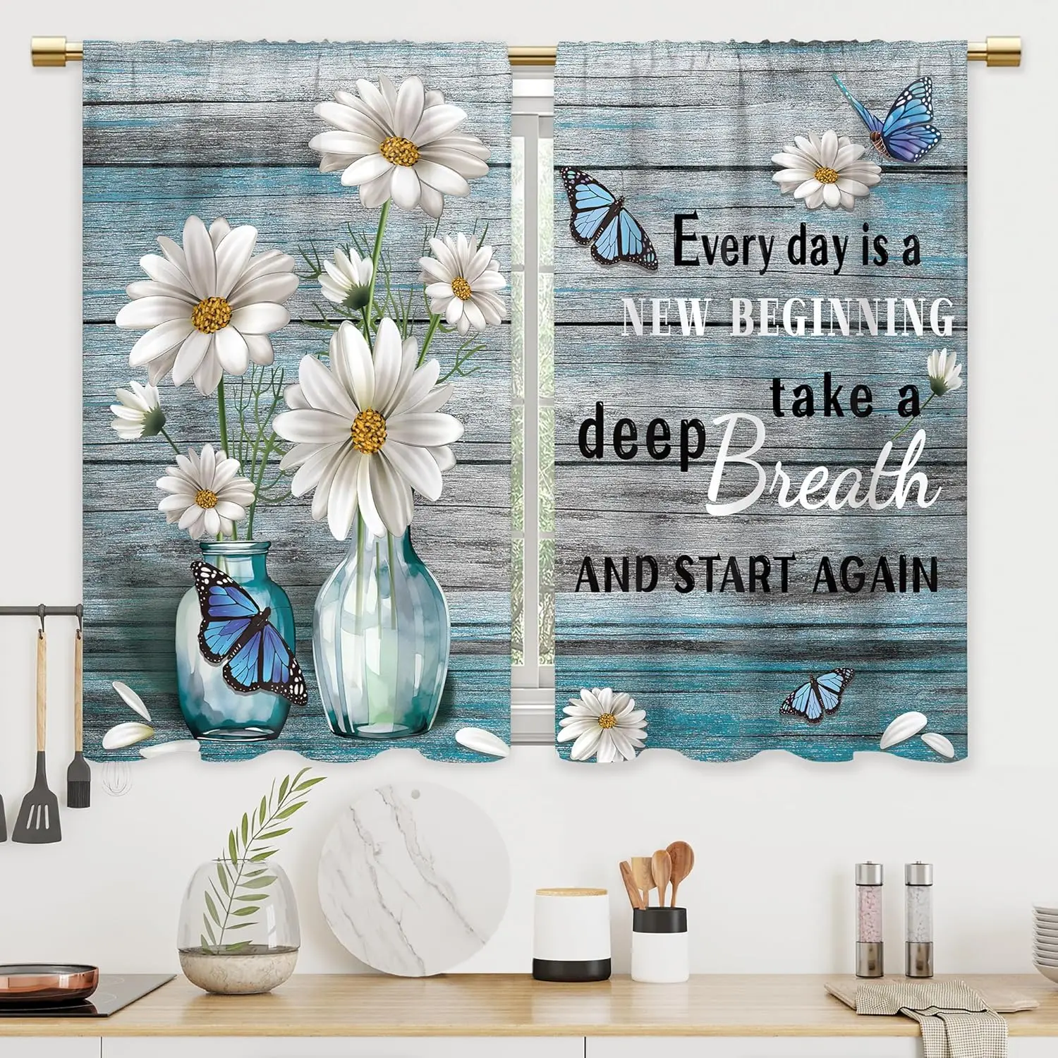 Farmhouse Wooden Daisy Cafe Curtains - Vintage Floral Blue Teal Tier Curtains, 27.5x39 in Plank Window Treatments for Kitchen, Bathroom, Vintage Floral Curtains, Blue Teal Curtains