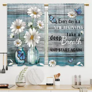 Farmhouse Wooden Daisy Kitchen Curtains Blue Teal Flower Bathroom Window Treatment Drapes Tier Plank Cafe Small Bedroom Short Door Curtains 27.5x39 Inch