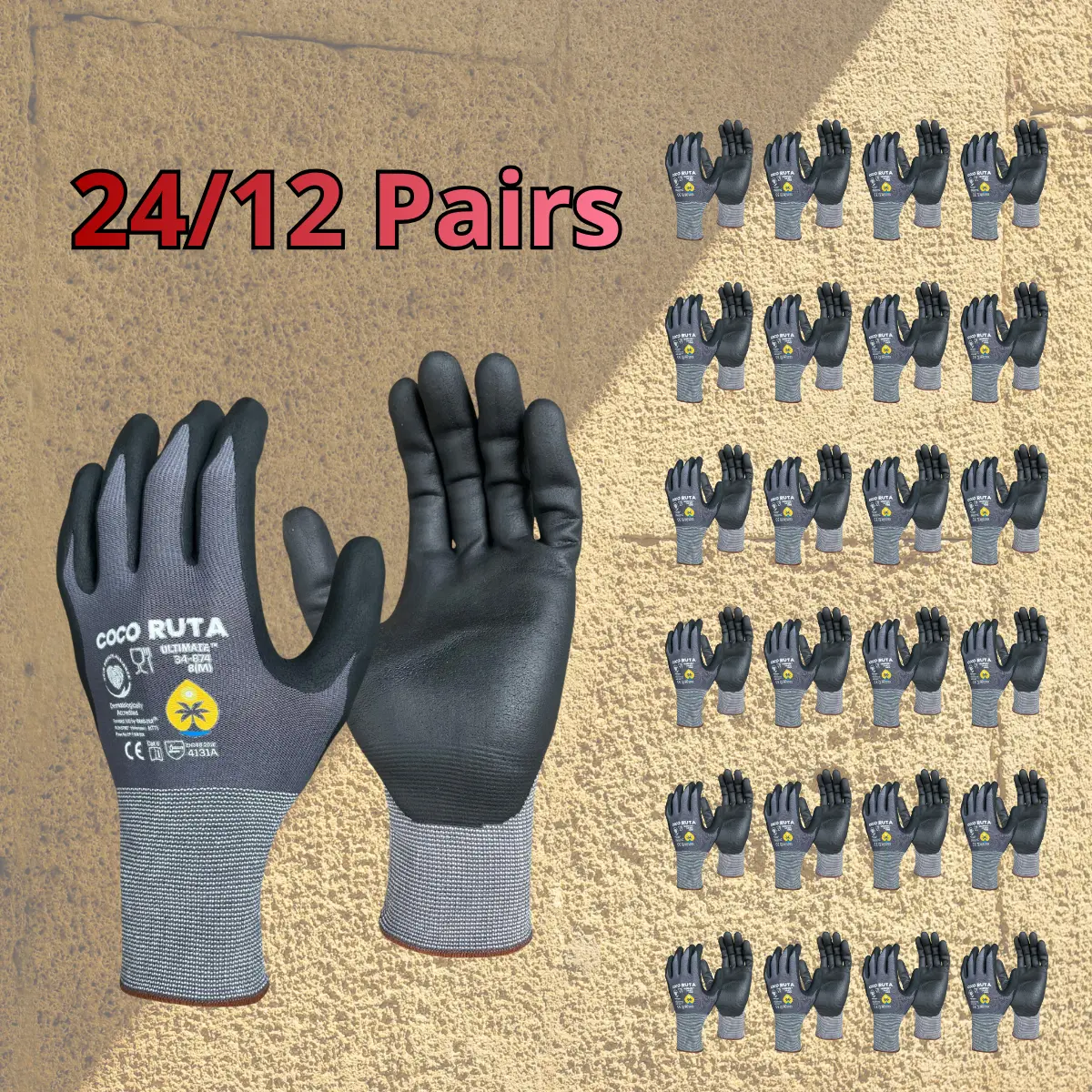 24 Pairs COCO RUTA Gloves  34-874 Safety Gloves | Guantes Para Trabajo - Maxi Flex Gloves For Men Nitrile Micro Foam Grip Palm Comfortable Fit Construction Gear