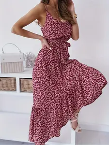 Elegant women's dress, Boho  Colorful Floral/Abstract  print off-shoulder strap Smocked Waist Sleeveless Maxi dress, Flowy Sundress for Vacation, Beach, and Casual Streetwear, summer women's clothing