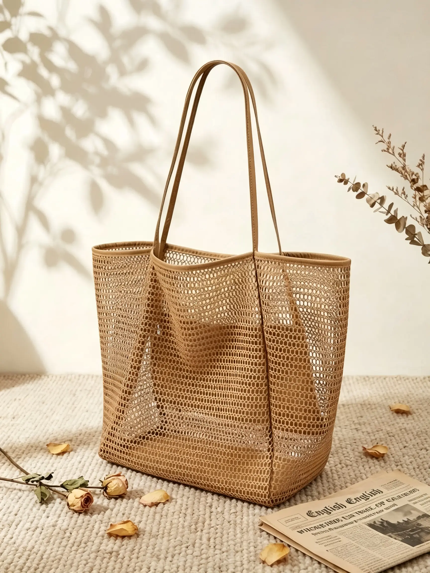 1PC Hollow Mesh Women Tote Bag, Lightweight Waterproof Foldable Shoulder Handbag, Large Capacity Multifunctional Shopping & Cosmetic Storage Bag, Portable Mesh Beach Bag for Picnic, Travel, Camping, Hiking and Summer Vacation Daily Use