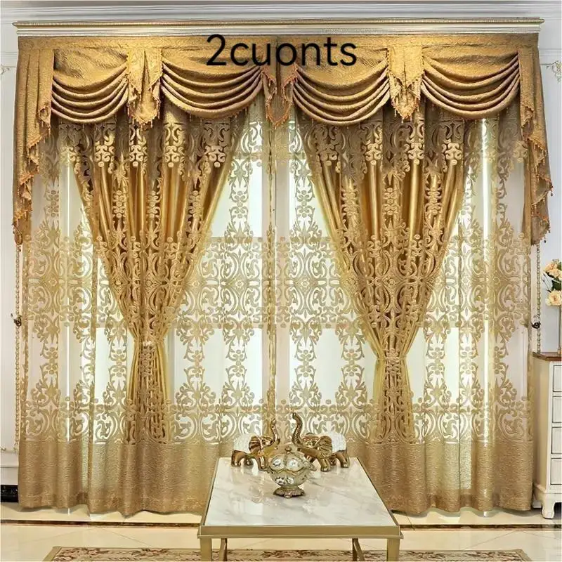 European Style Embroidered Curtain, 2 Counts/set Semi-shading Luxurious Curtain, Simple Modern Curtain for Living Room & Bedroom & Balcony, Interior D