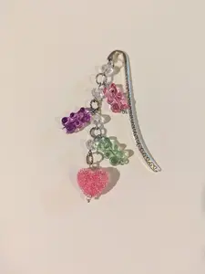 Gummy Bear Metal Bookmark Purple Pink Green Sugar Heart with Beaded Charm and Crystal Accents for Book Lovers