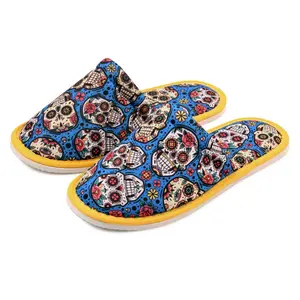Chochili Women Mexican Skull Home Slippers Blue White Lightweight Silent Walk Size 7 to 8