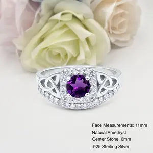 Trinity Halo Cushion Cut 0.84 Carat Natural Amethyst Ring Bridal Band Wedding Round Shape Ring 925 Sterling Silver 11mm