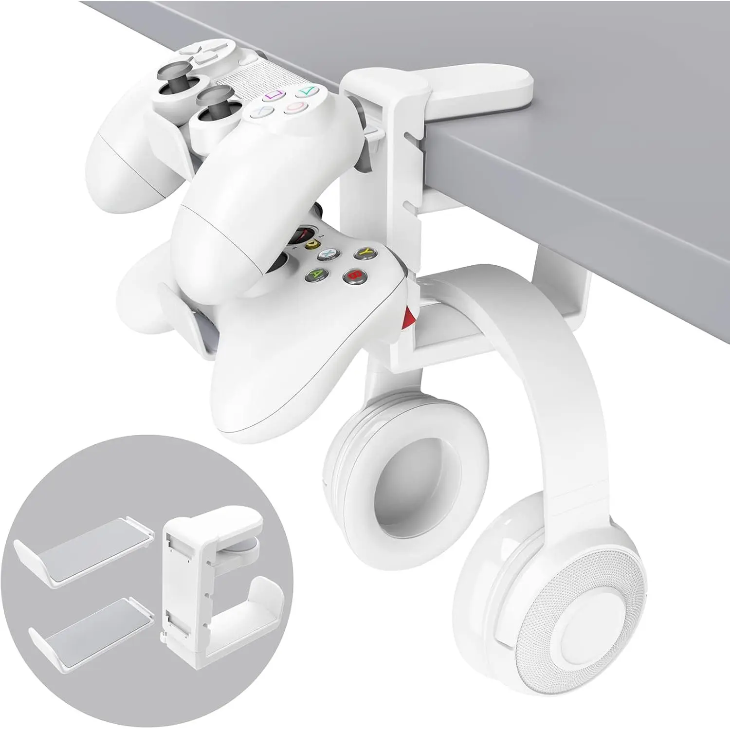 3-in-1 PC Gaming Headset&Controller Holder -  Headphone Stand w/Adjustable Clamp&2 Controller Holder&Rotating Arm& Organizer, Universal PC Gaming Accessory Controller Headset Stand-White