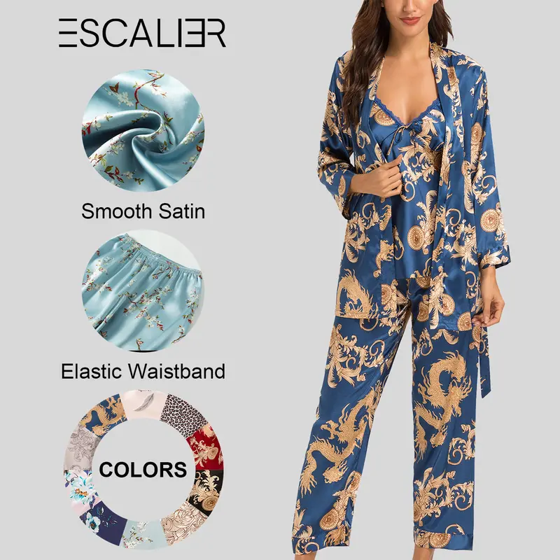 ESCALIER Women's Elegant 3-Piece Silk Satin Bridal Pajama Set - Longsleeve Robe with Tie, Pants, Dragon Floral Graphic, Woven Soft Fabric, Machine Washable/Hang Dry, Plus Size S-2XL Christmas Sleepwear Loungewear
