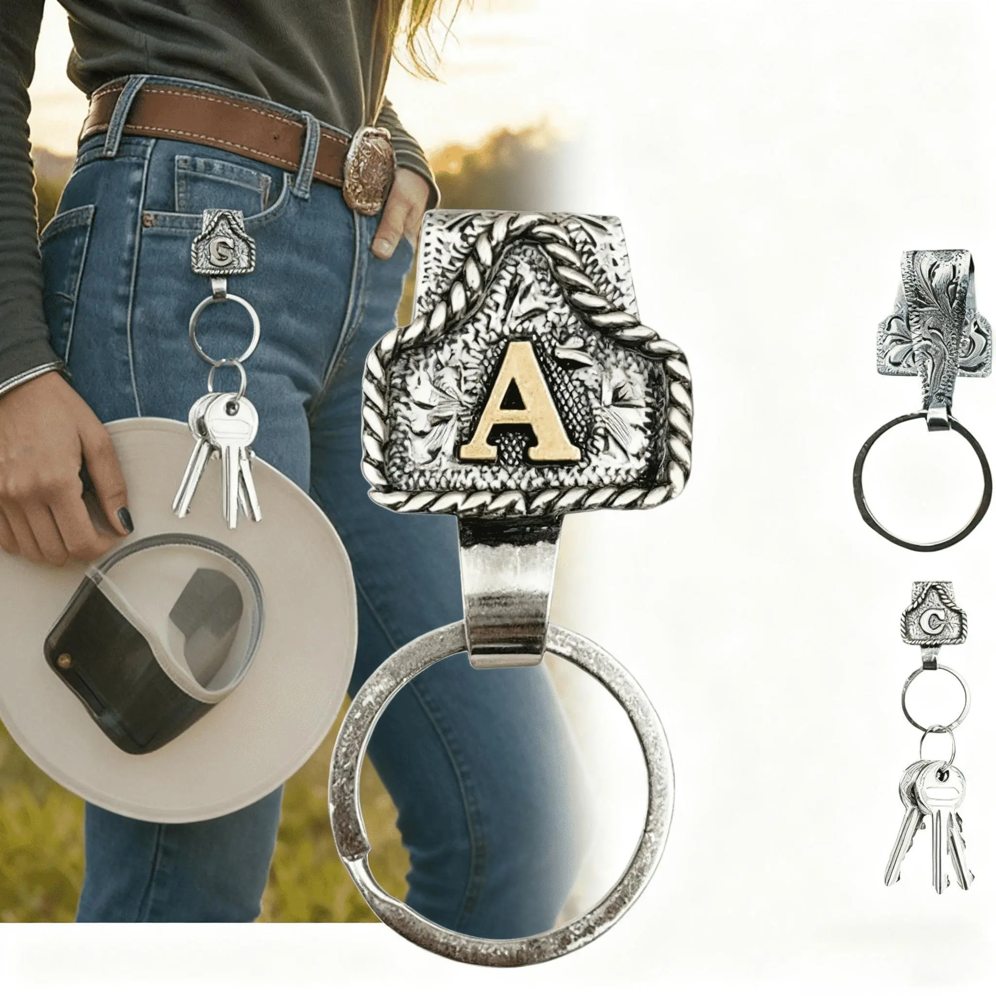 Western Cowboy Cow Tag Keychain Personalized Copper Initial Bag Charm, Handmade Rustic Texas Rodeo Key Holder, Country Ranch Gift for Men Women