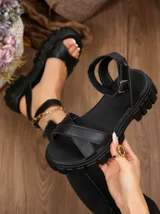 Women's Summer Casual Thick Sole Sandals, Cross Strap Beach Shoes, Platform Flats, Plus Size Comfortable Footwear, Adjustable Strappy Crisscross, Comfy Sandals