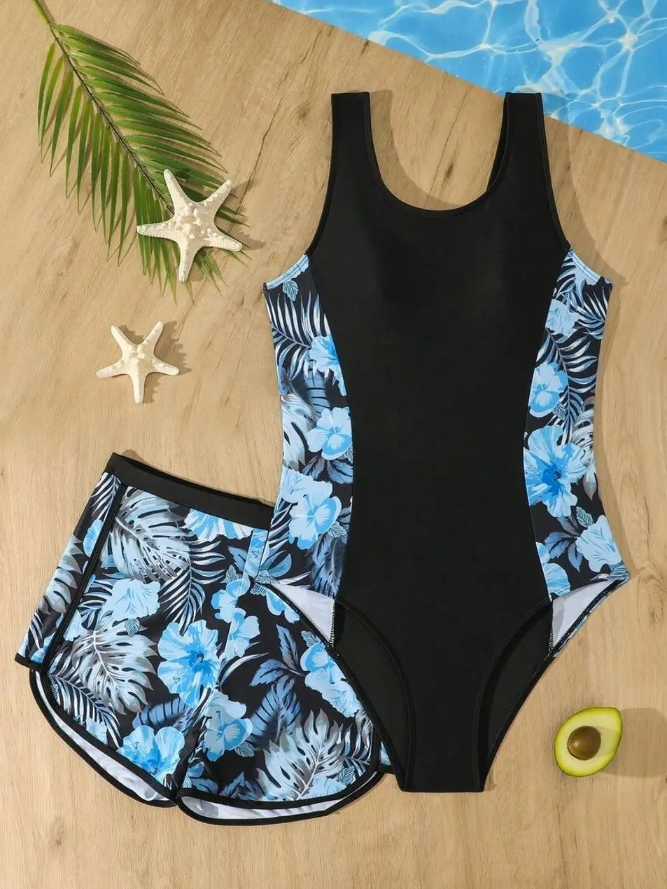 Teen Girl Floral Print One-Piece Swimsuit, Modest Bathing Suit with Sporty Shorts for Beach Swimming