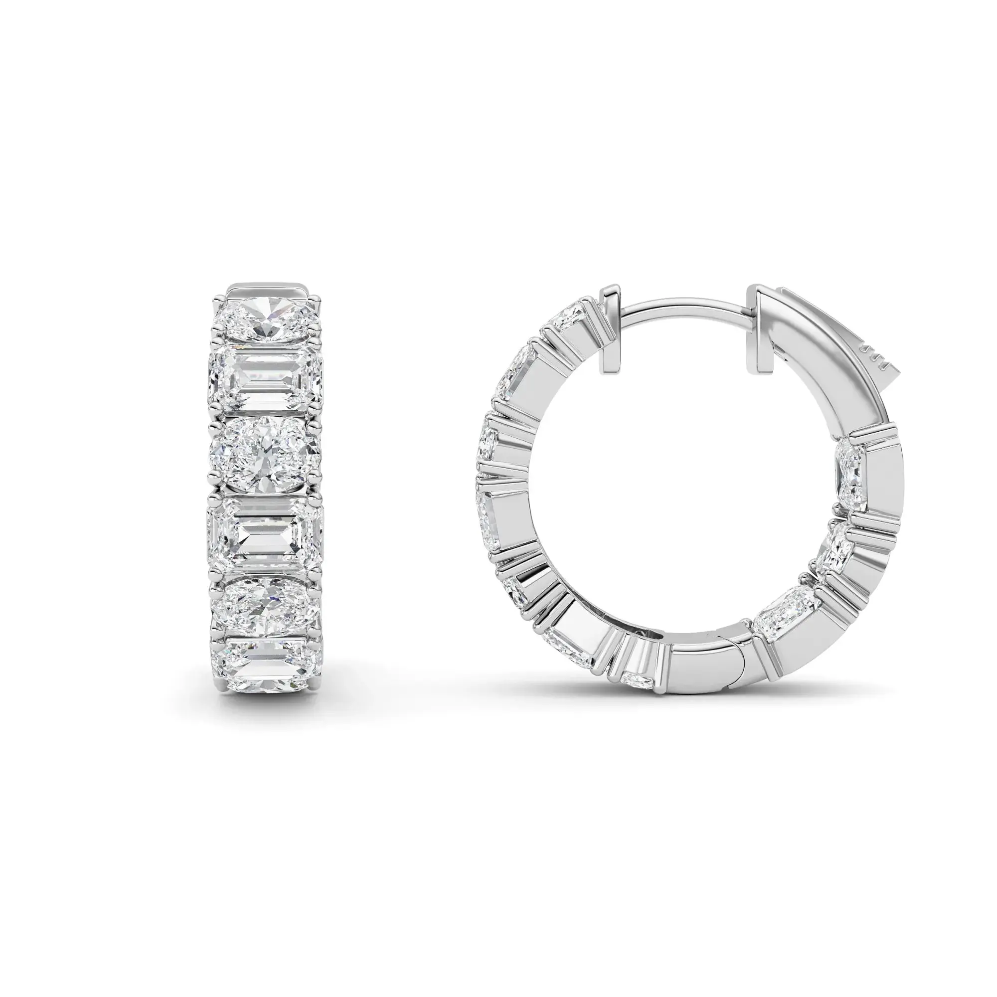 5.00ct 14K White Gold Emerald & Round Fancy Diamond Inside-Out Hoop Earrings