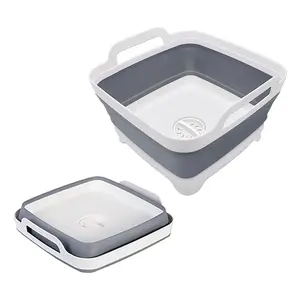 2.4 Gallon (9 Liter) Collapsible Dish Basin Container with Drain Plug, Space Saving Outdoor Multi-Purpose Collapsible Sink Tub for Dishware Kitchen Storage Camping Vegetable Wash RV Bathroom
