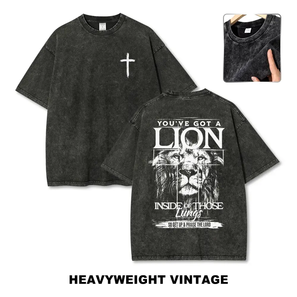 Christian Lion Cross Graphic Tee Oversized Vintage Acid Wash Heavyweight T-Shirt Unisex Faith Based Streetwear Gym Pump Cover Praise The Lord Retro Cotton Casual Top