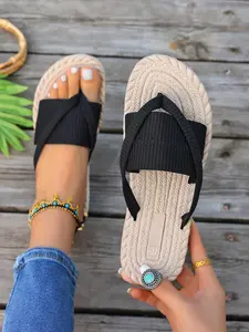 2026 New Open Toe Sandals for Women, Boho Style Textile Slippers with Metal Buckles, Casual Beach Travel Footwear