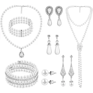 8 Pcs Pearl Rhinestone Jewelry Set  Women Pearl Necklace Bracelet Earrings  Wedding Birthday Bridal Tea Party