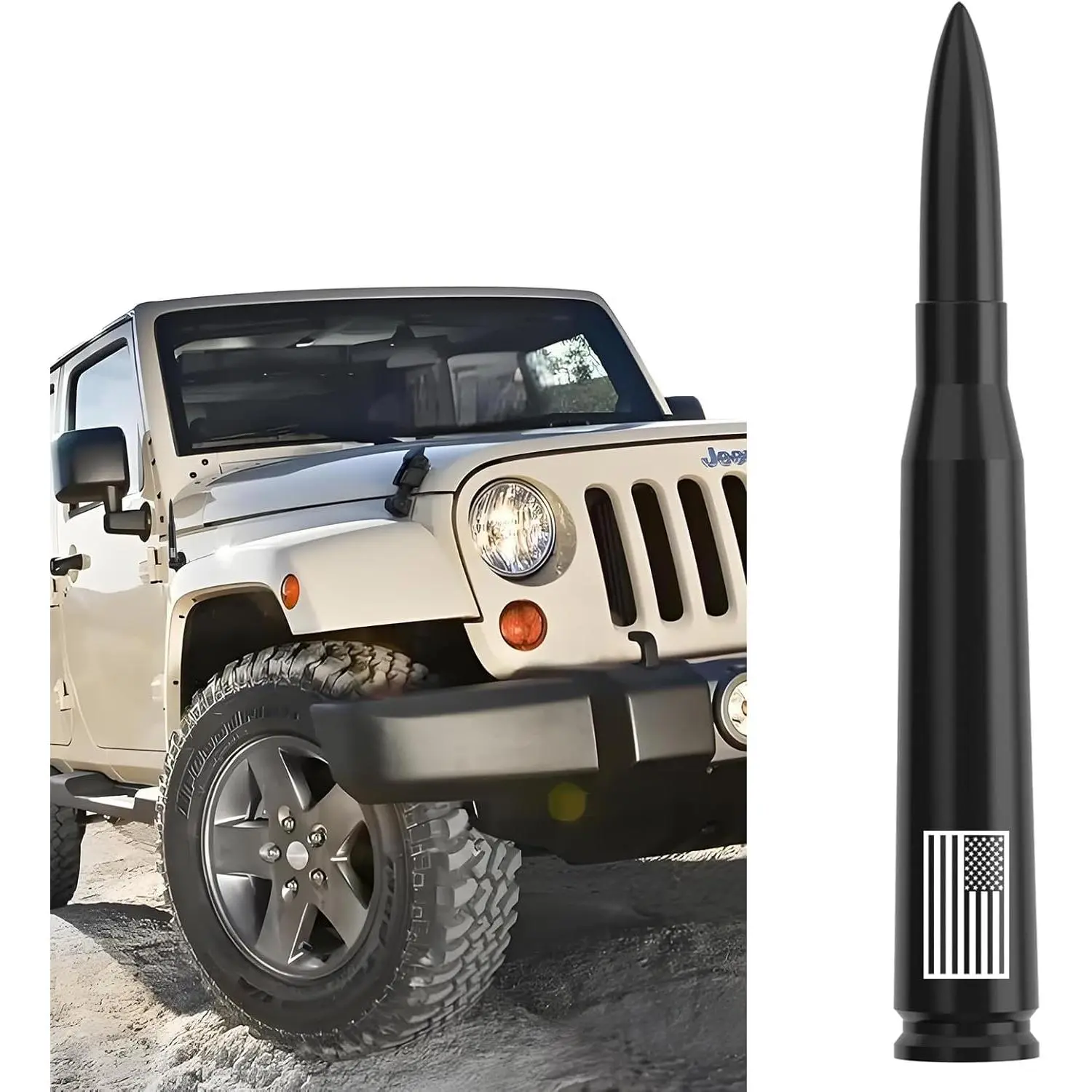 American Flag Bullet Antenna Replacement for Cars & Trucks - Anti-Theft, Tool-Free Swap, 20-Second Install, No Tools, Off-Roading Accessory for Jeep Wrangler Gladiator JL/JK/JT Rubicon Sahara Unlimited Sport 4xe Willys Mojave 2007-2025 (Black), Jl/Jk/Jt S