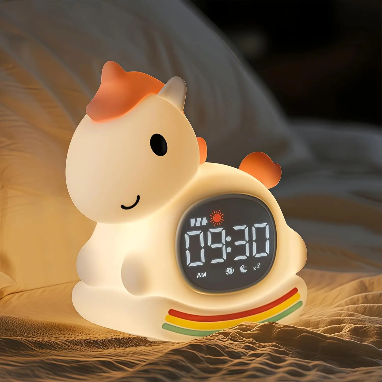 Yiliaw Cute Alarm Clock for Kids with Night Light, Sleep Training Clock Time to Wake Clock, Rechargeable Silicone Light for Bedroom, Perfect Sleep Companion for Boys Girls, Pink Pony
