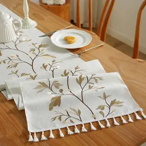 Embroidered Cotton Linen Luxury Table Runner Tablecloth Tassel for Home Dinning Table Coffee Table Mat Wedding decorations