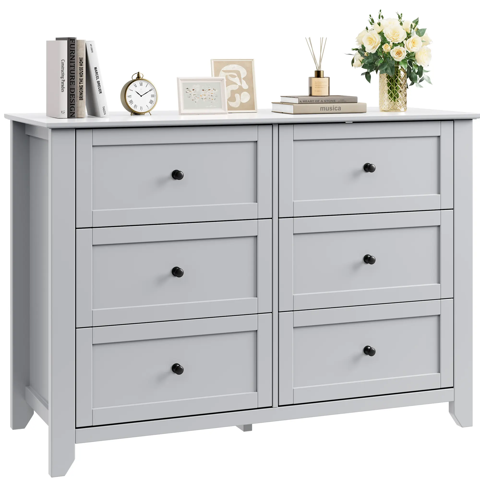 Spacious 6 Drawer Dresser for Bedroom - Modern Wooden Storage Cabinet with Deep Drawers & Metal Knobs - Wide Organizer for Closet, Nursery, Living Room, Entryway