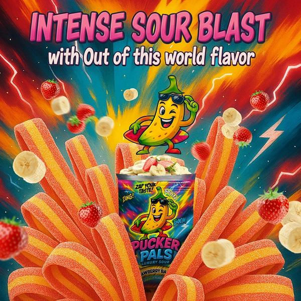 Pucker Pals Strawberry Banana Sour Candy – Extreme Sour Strips, Chewy Gummy Candy & Sour Gummies, Gummy Worms Style Bold Fun Treats for Kids, Boys, Girls, Teens & Adults, Halloween & Stocking Stuffers