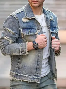 VERA Men's Raw Wash Ripped Denim Jacket Casual Button Front Pocket Design Raw Hem Jean Coat for Daily Wear All Seasons Fashion Streetwear Comfortable Denim Outerwear