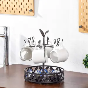 Coffee Mug Holder, Mug Tree Countertop, Rotatable Mug Holder Stand, Coffee Pod Holder with Mug Rack, Coffee Mug Rack with 6 Hooks for Coffee Bar Counter Cabinets and Kitchen Organizer Floating Shelf Iron Black