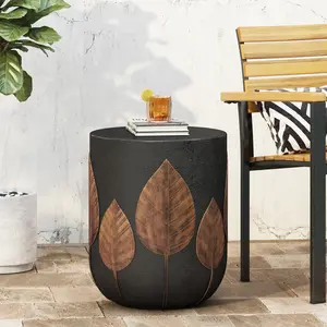 15.25'' Concrete Side Table Black End Table for Outdoor & Living Room, Modern Retro Drum Style, Durable and Lightweight, Cement Material, No Assembly, Black