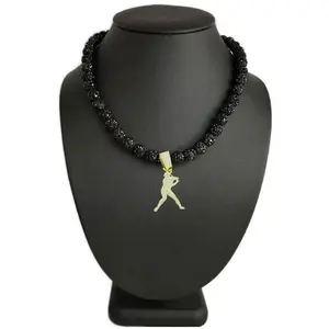 Iced Bling Disco Ball Rhinestone Crystal Bead Baseball Necklace Black Ice + 14k Gold Plated Player Swing Pendant