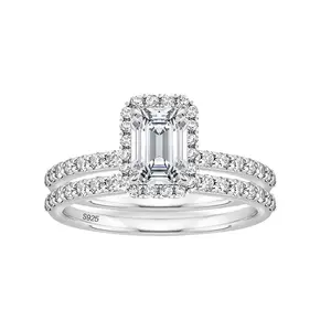 VOWSERING Luxury Wedding Ring Set for Women 1.5CT Round AAAAA CZ 925 Sterling Silver White Gold Plated Engagement Ring Tungsten Band with Square CZ Setting and Ring Box