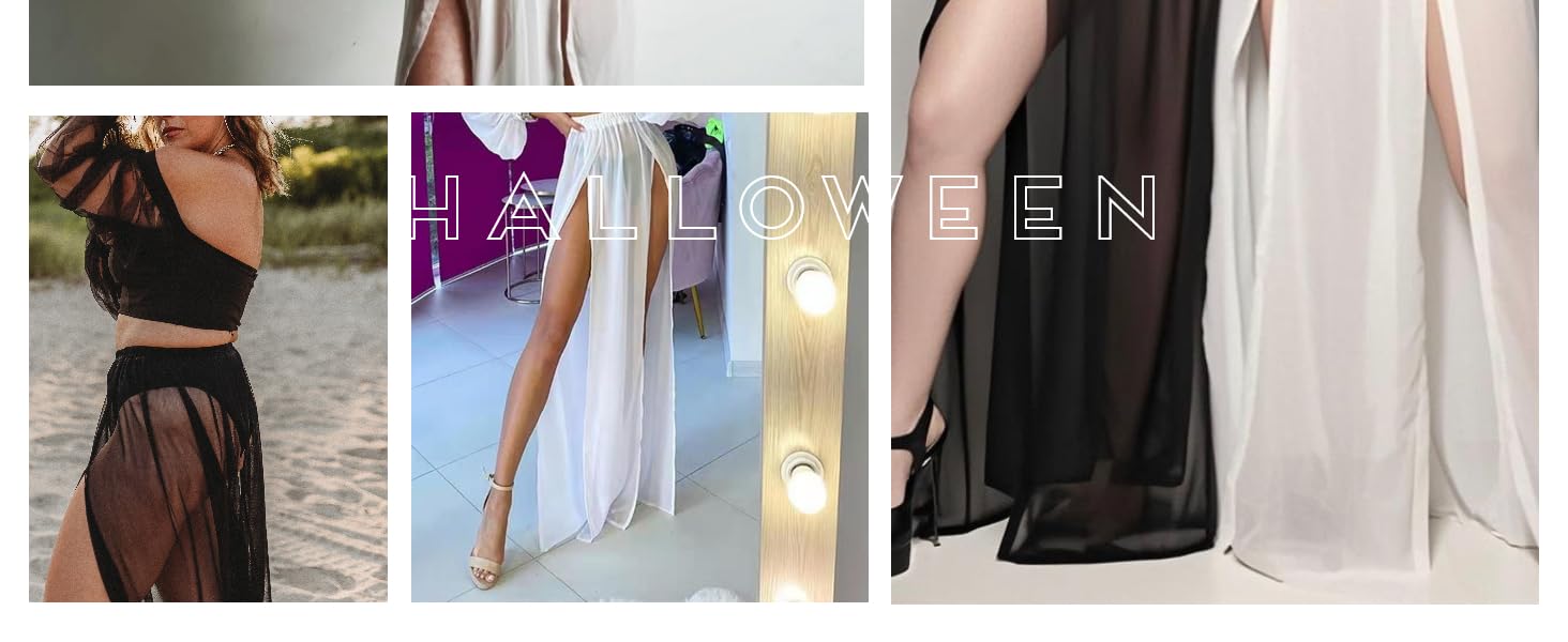 Women's Sheer Mesh Chiffon Double Slit Cover Up Skirt Rave Festival Costume Swim Beach Flowy Long Maxi Skirts