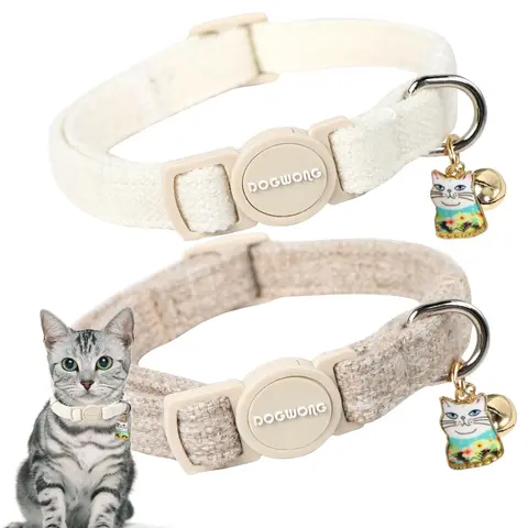 DOGWONG 2-Pack Solid Hemp Cat Collars - 100% Soft Cotton, Auto-Release Safety Breakaway Oval Buckle, Removable Bell Ring (Helps Track via Bell), 7.87”-11.8” Neck Size, Lightweight Chew Resistant 2-Pack Daily Rotation Pet Accessory
