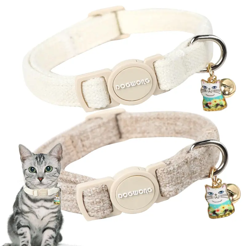 DOGWONG 2-Pack Solid Hemp Cat Collars - 100% Soft Cotton, Auto-Release Safety Breakaway Oval Buckle, Removable Bell Ring (Helps Track via Bell), 7.87”-11.8” Neck Size, Lightweight Chew Resistant 2-Pack Daily Rotation Pet Accessory