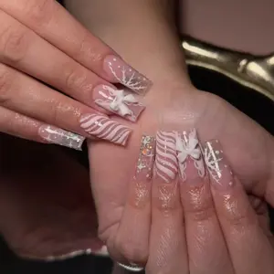 Terra Nails – Winter Snowflake Christmas Press On Nails | Pink Candy Cane Nails | Glitter Holiday Coffin Press Ons | Elegant Festive Nails