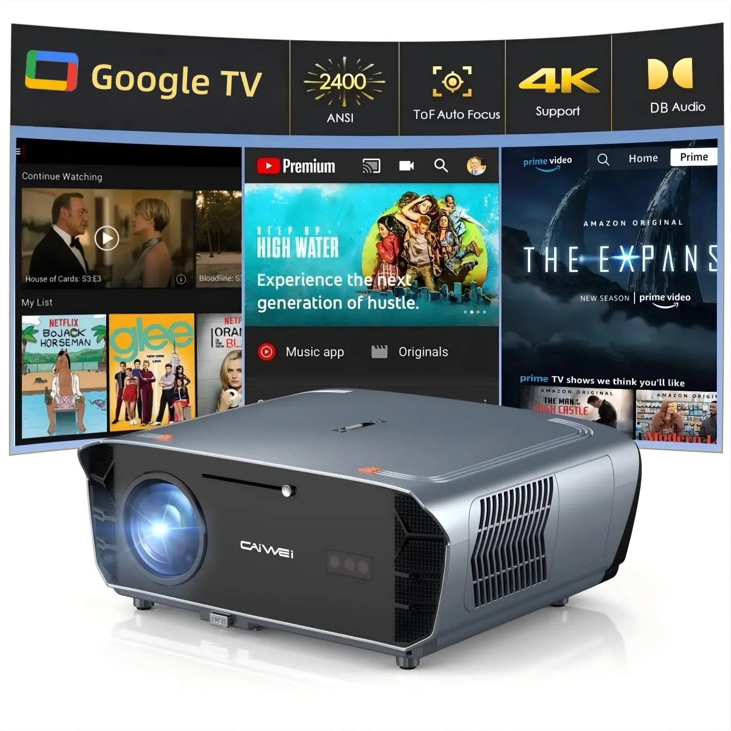 Smart 4K Projector with Google TV, Dolby Audio, ToF Auto Focus, 2400 ANSI Daytime Projector 4K HDR, NFC, WiFi6, Bluetooth 5.4,HDMI ARC, Audio Out, Auto Keystone for Home Cinema/Outdoor Movie Gaming TV