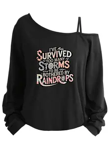 Plus Size Women's Loose-Fit Long Sleeve Cami Top, Asymmetrical Neckline, Letter Print, All Seasons, Sizes 1-8xl